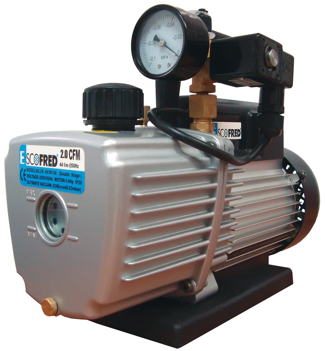 Escofred Zweistufige Vakuumpumpe BE-2-VV mit Vakuummeter und Magnetventil HF06126