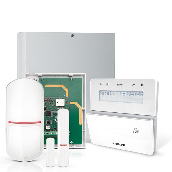 Integra 32 RF-Paket mit weißem INT-KLFR Näherungs-LCD-Bedienteil, IP-Modul, RF-Modul, drahtlosem Multifunktionsmelder und PIR