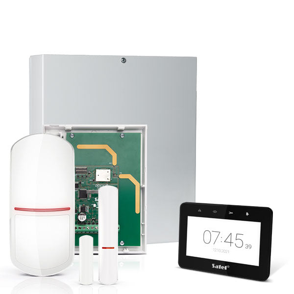Integra 32 RF-Paket mit schwarzer INT-TSG2 4,3-Zoll-Touchscreen-Tastatur, IP-Modul, RF-Modul, drahtlosem Multifunktionsmelder und PIR