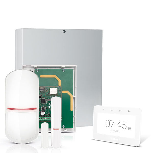 Integra 32 RF-Paket mit weißer INT-TSG2 4,3-Zoll-Touchscreen-Tastatur, IP-Modul, RF-Modul, drahtlosem Multifunktionsmelder und PIR