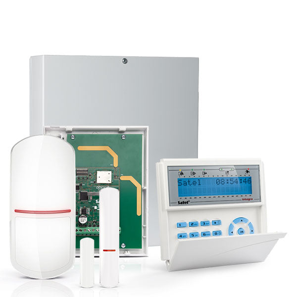 Integra 32 RF-Paket mit blauer LCD-Proximity-Tastatur, IP-Modul, RF-Modul, drahtlosem Multifunktionsmelder und PIR
