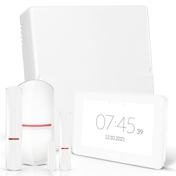 Satel VERSA IP RF-Paket mit weißer INT-TSH2 7-Zoll-Touchscreen-Tastatur, RF-Modul, drahtlosem Multifunktionsmelder und PIR