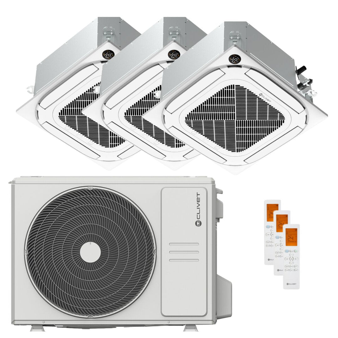Clivet Kassettengerät Kompakt 4-Wege IBA1-Y 9000+9000+9000 BTU – Multisplit-Klimagerät (3x), 6,3/6,7 kW, R32, A++/A+, WLAN