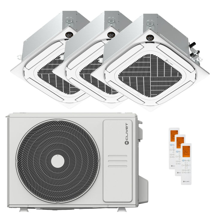 Clivet Kassettengerät Kompakt 4-Wege IBA1-Y 9000+9000+12000 BTU – Multisplit-Klimagerät (3x), 7,9/8,3 kW, R32, A++/A+, WLAN