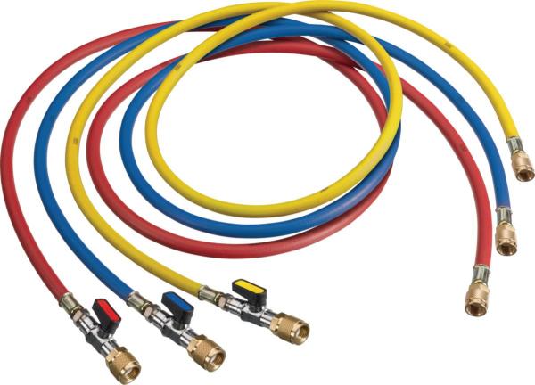 Value TF-FRJB150V-CV Füllschlauch-Set 3-tlg. 150 cm, 1/4"–1/4" gelb, 1/4"–5/16" rot/blau, mit Ventil