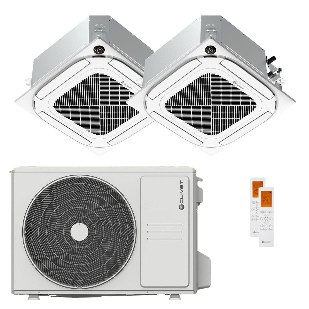 Clivet Kassettengerät Kompakt 4-Wege IBA1-Y 9000+9000 BTU – Multisplit-Klimagerät (2x), 4,1/4,4 kW, R32, A++/A+, WLAN