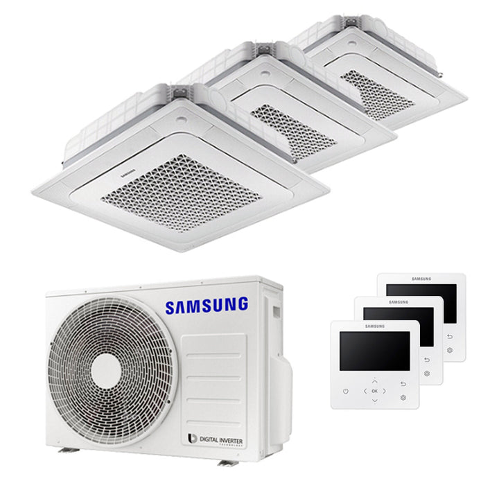 Samsung Kassettengerät Windfree 4-Wege 9000+9000+12000 BTU – Multisplit-Klimagerät (3x), 5,2/6,3 kW, R32, A++/A+