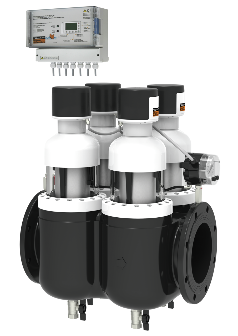 JUDO JPF-QC-ATP DN 200 500 µm potenzialfrei, Nenndurchfluss 200 m³/h, Maschenweite 0,5 mm Automatik-Rückspül-Schutzfilter (zeit- und differenzdruckgesteuert)