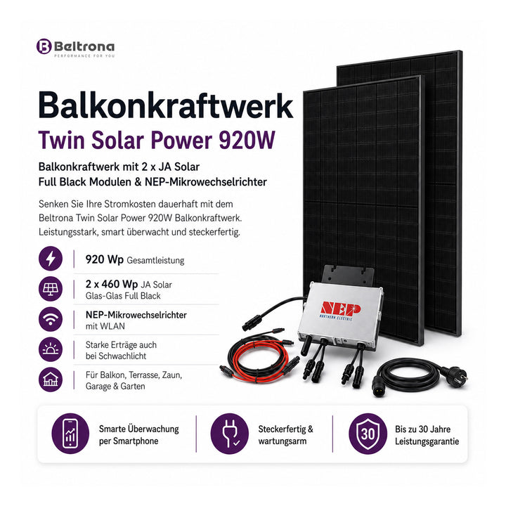 Balkonkraftwerk 800W / 920W Solarleistung mit 2x JA Solarmodulen Full Black Glas Glas 460W und einem NEP BDM800 Wechselrichter
