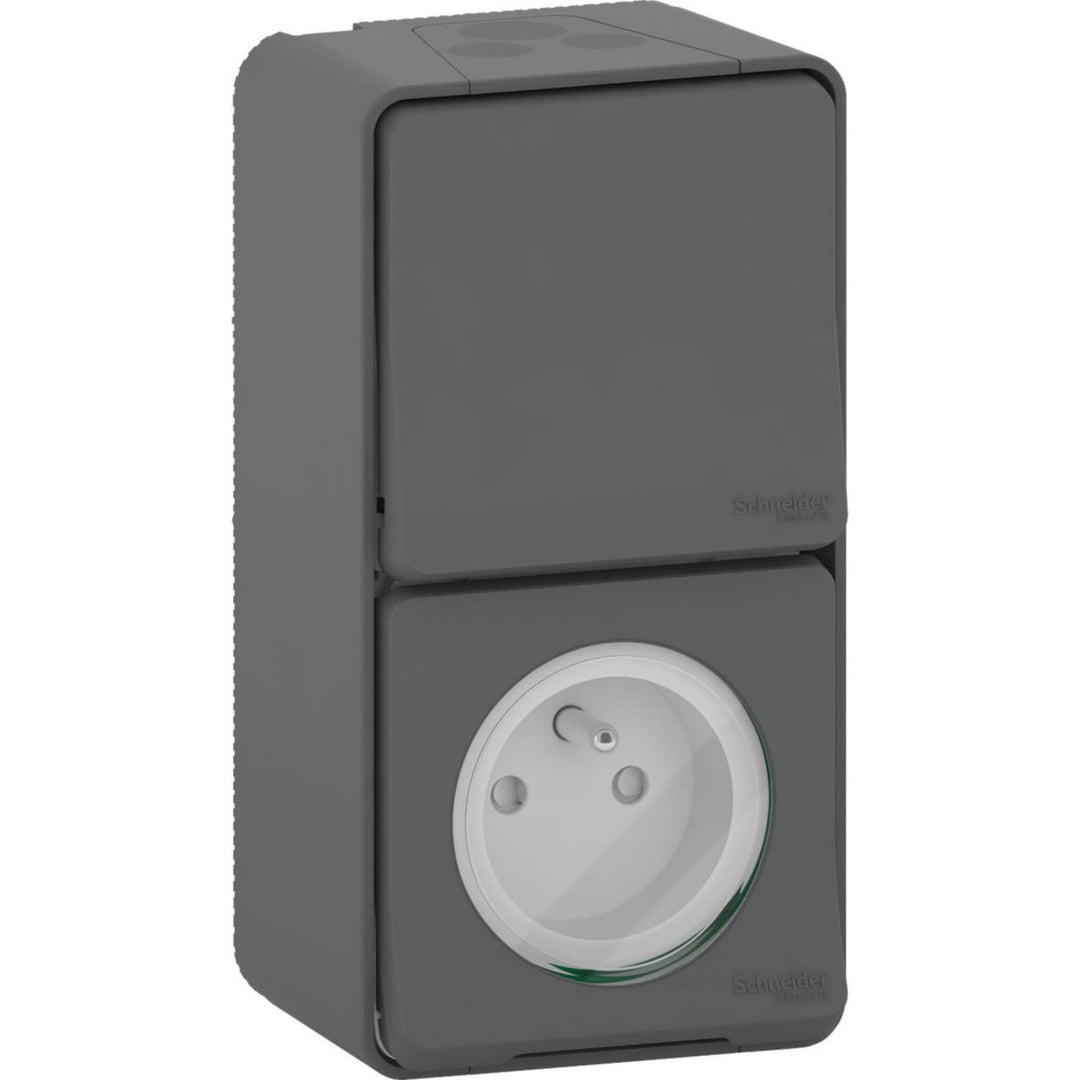 Schneider Electric Mureva Styl Kombination Wechselschalter 10 AX + Steckdose 2P+T, vertikal, Aufputz IP55