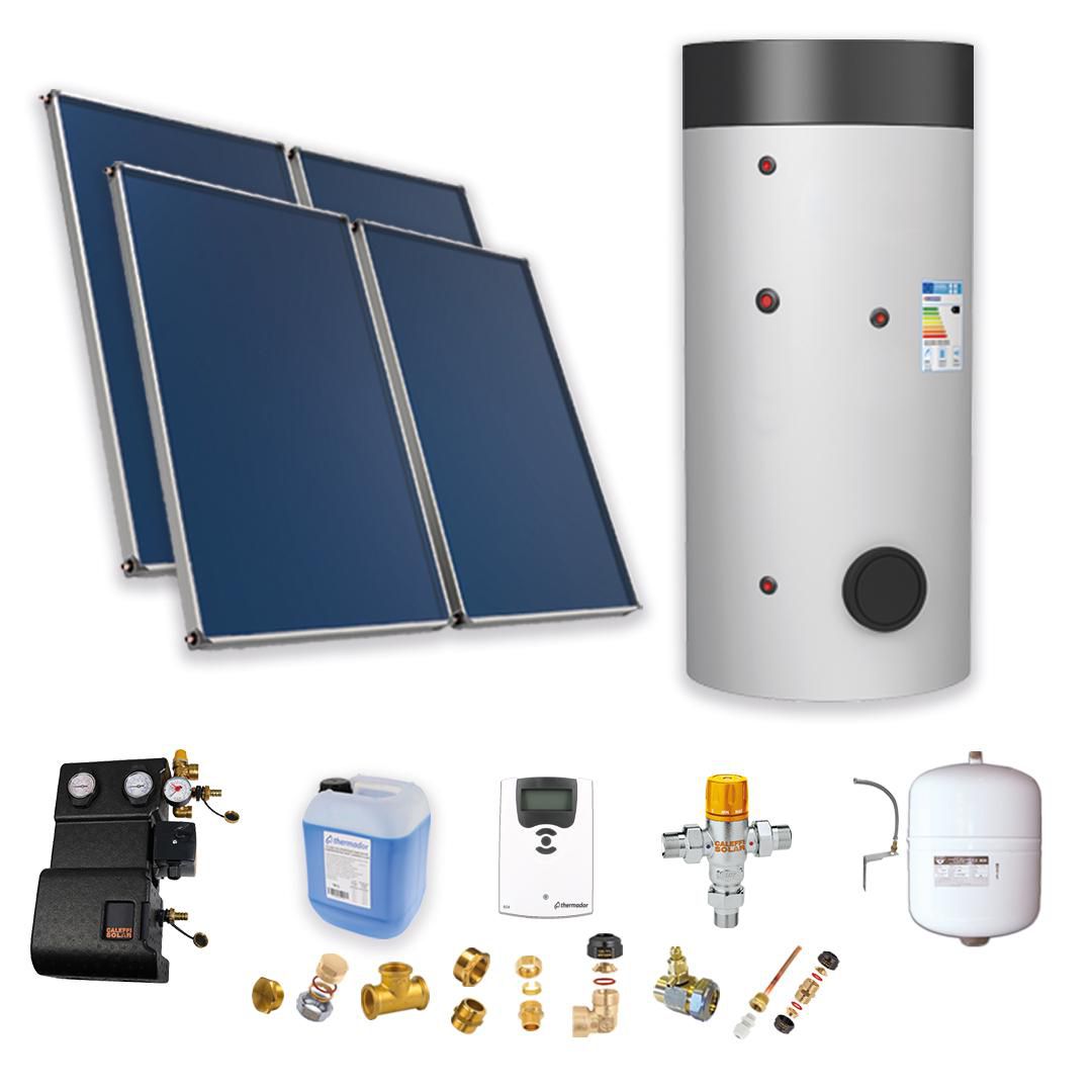 Solarpaket Typ D mit 4 Solarkollektoren ASTREA für Falzziegel-Schrägdach und 800-l-Speicher