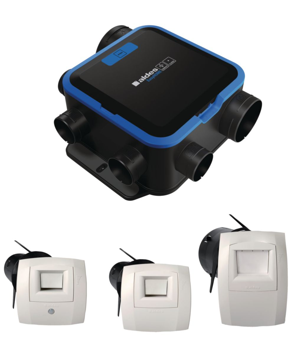Aldes EasyHOME Hygro Compact Classic KWL-Set mit 3 Bahia-Curve-Ablüftventilen, feuchtegeregelt