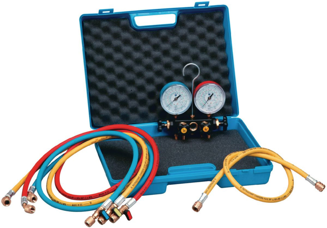 Manifold-Kit 2-Wege ölgefüllt für R410A/R32 mit 3 Schläuchen mit Ventil, 150 cm