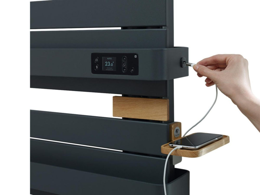 Elektro-Handtuchtrockner Allure 3 Virtuose 750 W mit Gebläse 1000 W, Weiß glänzend/Eiche, 2 Handtuchstangen