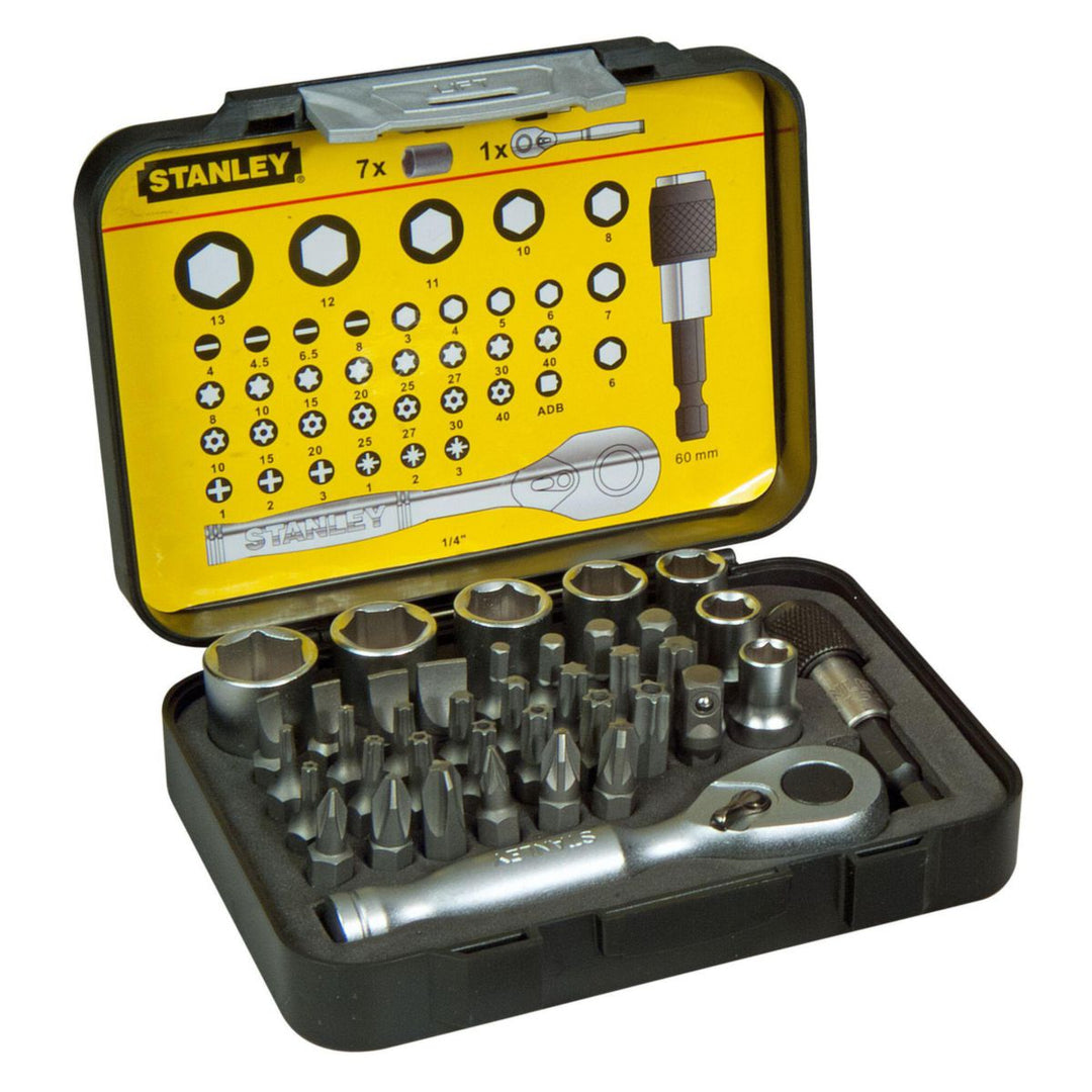 Stanley Expert Pro Bit-Set 39-teilig 1/4 Zoll, 25 mm, mit Steckschlüsseleinsätzen und Mini-Ratsche