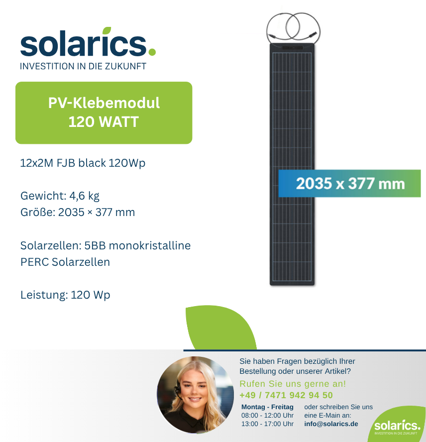 DAS Energy FJB Solarmodul 12×2M Black – 120Wp, ultraleicht & stilvoll für Stehfalzdächer