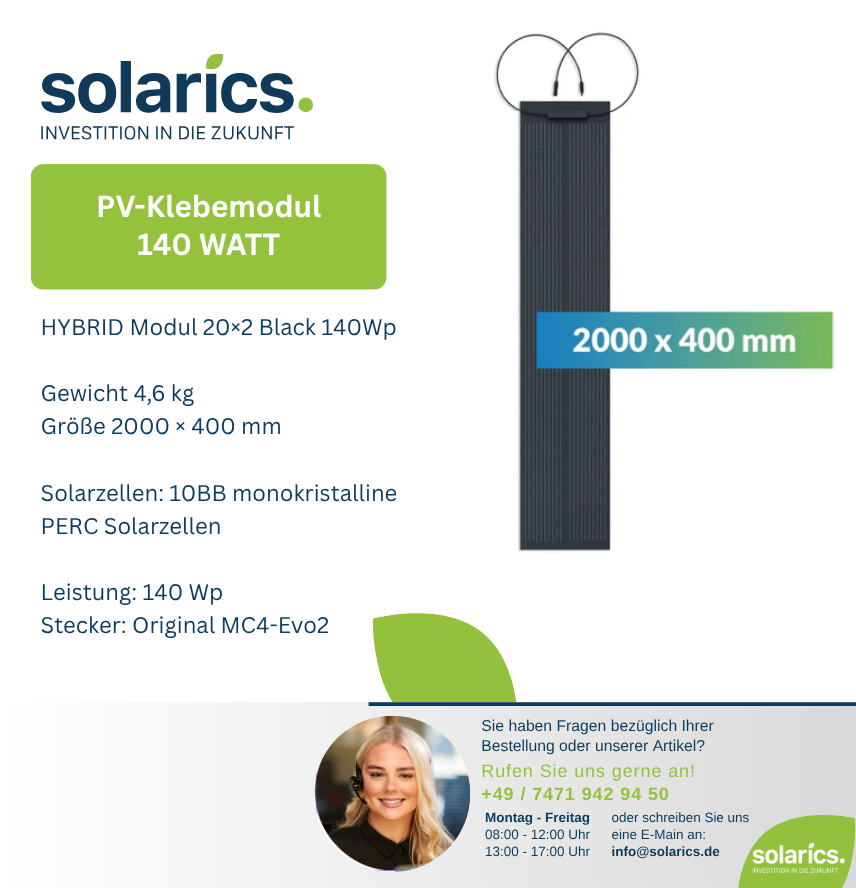 DAS Energy HYBRID Solarmodul 20×2 Black – 140Wp, ultraleicht, monokristallin, schwarz, für Flachdach & Fassade