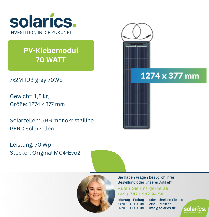 DAS Solar FJB Solarmodul 7×2M Grey – 70Wp, leicht & effizient für Stehfalzdächer