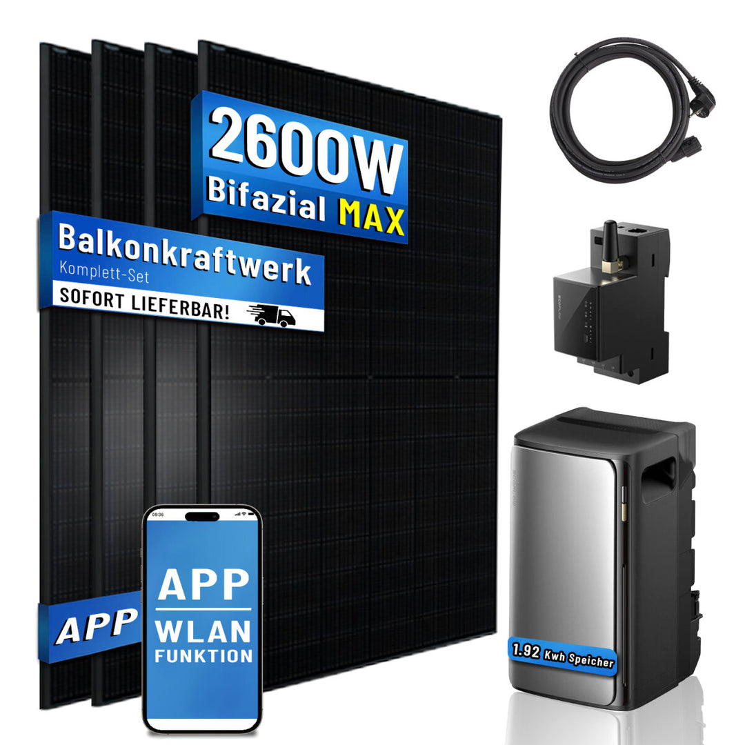 ECOFLOW Solarspeicher Balkonkraftwerk 2600W 4x500W Solarmodul Bifazial Vollschwarz 