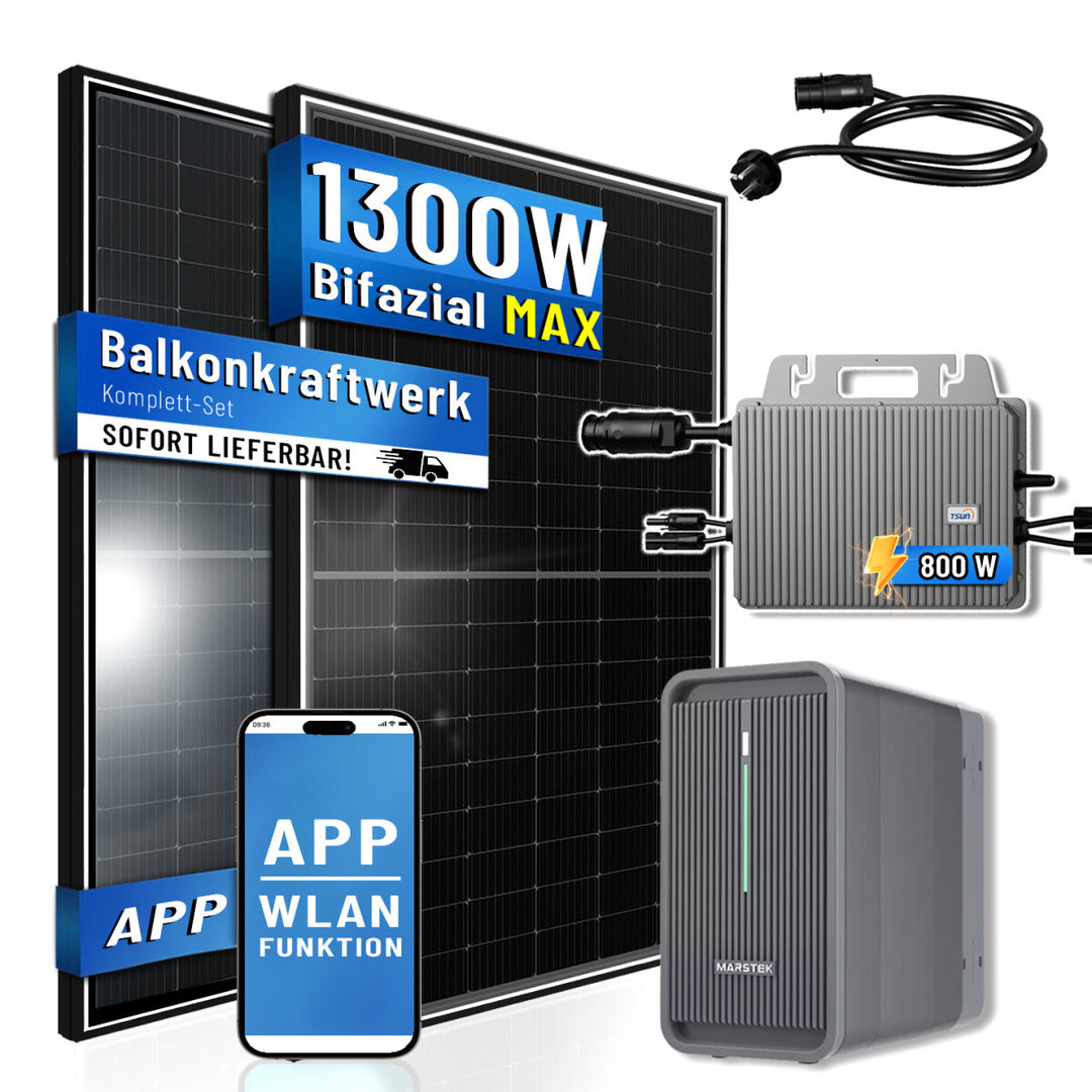 GREENSUN + TSUN Solarspeicher Balkonkraftwerk 1300 W / 800W Solarmodule +TSUN TSOL-MS800
