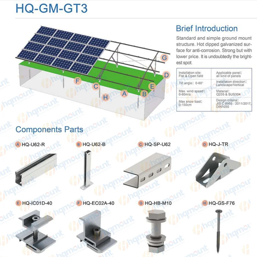 Xiamen HQ Mount Tech Co., Ltd - Montagesysteme - HQ-GT3 Hot Galvanized Solar Ground Mount Racking HQ-GT3 - Art. 9434