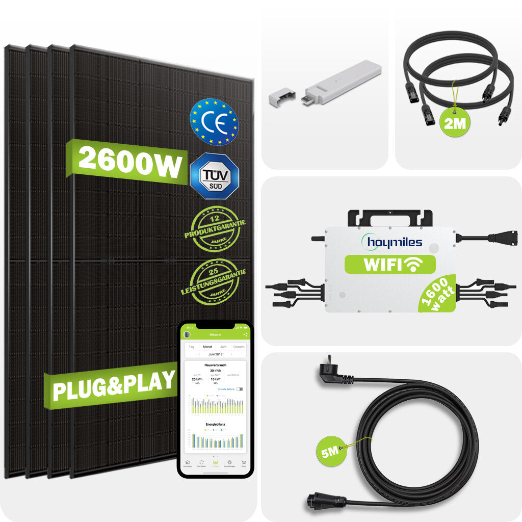 JA SOLAR Balkonkraftwerk Solar-PV 2600WP/1600W – Mit 4x500Wp BIFACIAL Full Black Module und Hoymiles® HMS-1600-4T Mikro-Wechselrichter mit DTU -Art. 400004