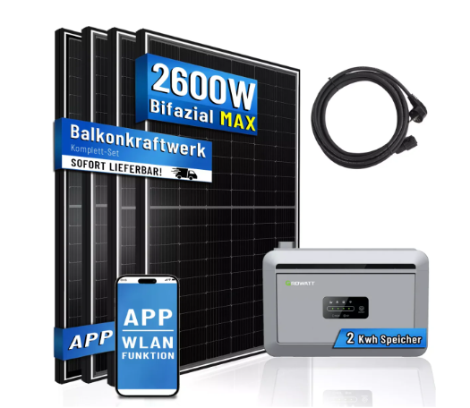 JA SOLAR + GROWATT Solarspeicher Balkonkraftwerk 2600W Vollschwarz