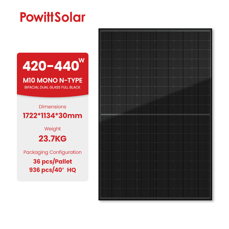 Powitt Solar Co., Ltd. - Solarmodul - M10 N-TYPE PW-54M420-440HM10-BD Full Black PW-54M420HM10-BD - Art. 228451