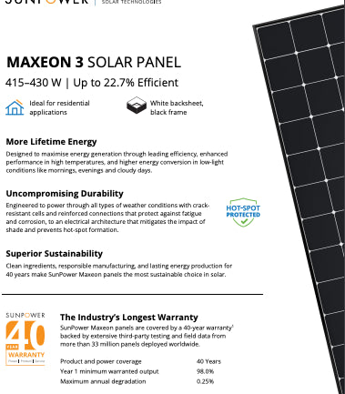 AZ Solar di Buompastore Angelo - Solarmodul - SunPower
                                                        Maxeon 3 DC, 415-430 W (40-Year Warranty) SPR-MAX3-430 - Art. 207836