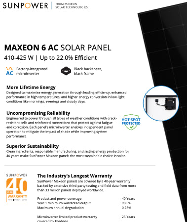 Milano Energy srl - Solarmodul - SunPower
                                                        Maxeon 6 AC (E3) Black, 410-425 W (40-Year Warr... SPR-MAX6-415-BLK-E3-AC - Art. 223885