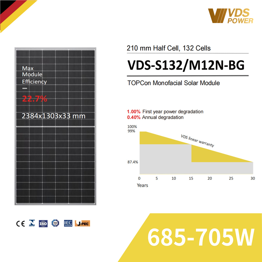 Jiangsu VDS Renewable Technology Co., Ltd. - Solarmodul - VDS-S132/M12N-BG 685-705W VDS-S132/M12N-BG 705W - Art. 231729