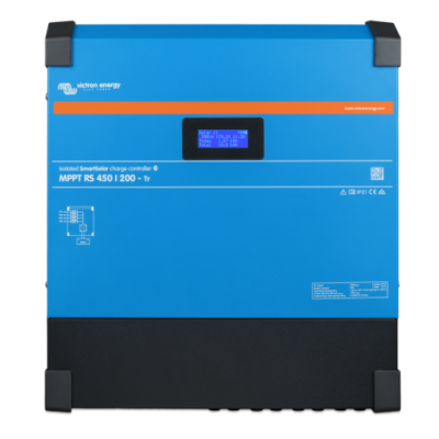 Victron SmartSolar MPPT RS 450/200-MC4, moderner Solar-Laderegler, blaues Gehäuse, Display, für große Solarenergieanlagen.