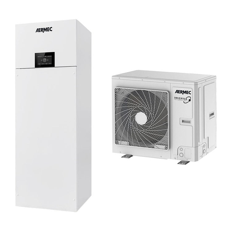 Aermec System bestehend aus Inverter-Wärmepumpe 5,9 kW und bodenstehender Innengerät mit 185-Liter-Speicher für Trinkwarmwasser BHP R32 BHP060+BHP060F