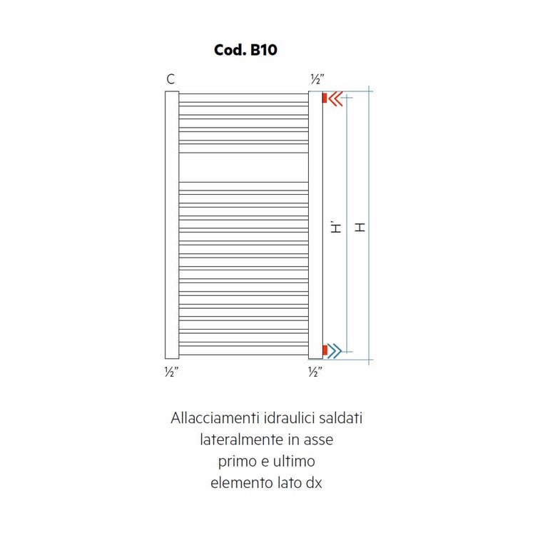 Irsap Anschluss der Heizung hydraulisch seitlich geschweißt in Achse erstes und letztes Element rechte Seite, Ausrichtung des Heizkörpers horizontal Cod.B10
