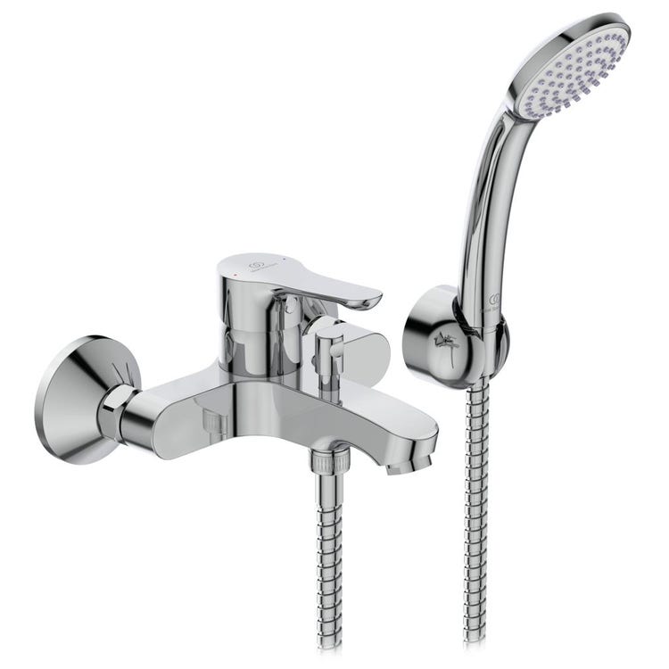 Ideal Standard Einhebelmischer für Badewanne/Dusche, beinhaltet Duschkopf mit 1 Funktion, Wandhalterung und flexiblen Schlauch 150 cm, chrom Oberfläche ALPHA BC676AA