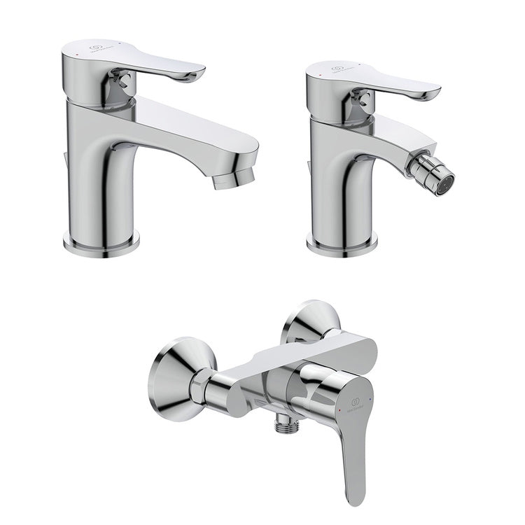 Ideal Standard Armaturen-Set mit Waschtischmischer mit Ablauf, Bidetmischer mit Ablauf, Einhebel-Duschmischer, Chromoberfläche ALPHA SETALPH02