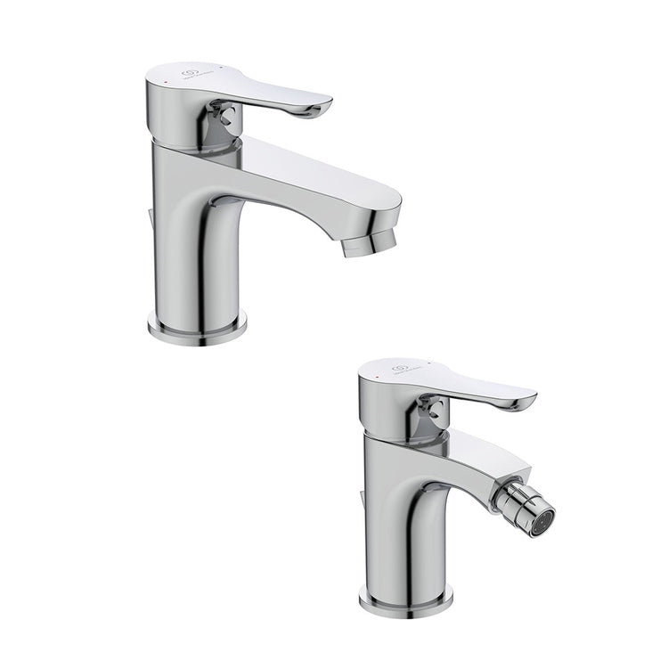 Ideal Standard Armaturen-Set mit Waschtischmischer H. 14 cm mit Ablauf und Bidetmischer mit Ablauf, Chromoberfläche ALPHA SETALPH01