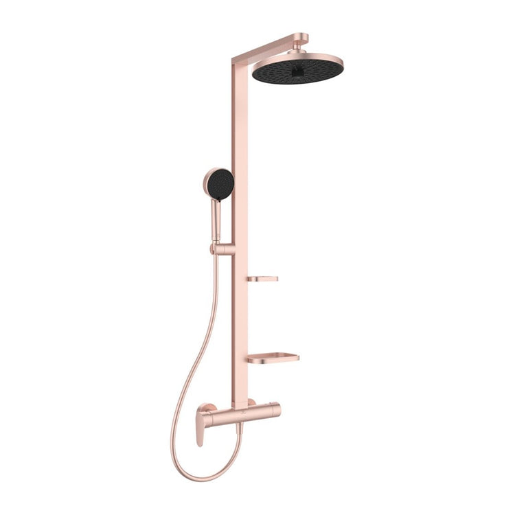 Ideal Standard ALU+ Duschsäule mechanisch mit 2 Ablagen, Handbrause mit 2 Funktionen und rundem Kopf Ø 26 cm, Farbe Rosé BD584RO
