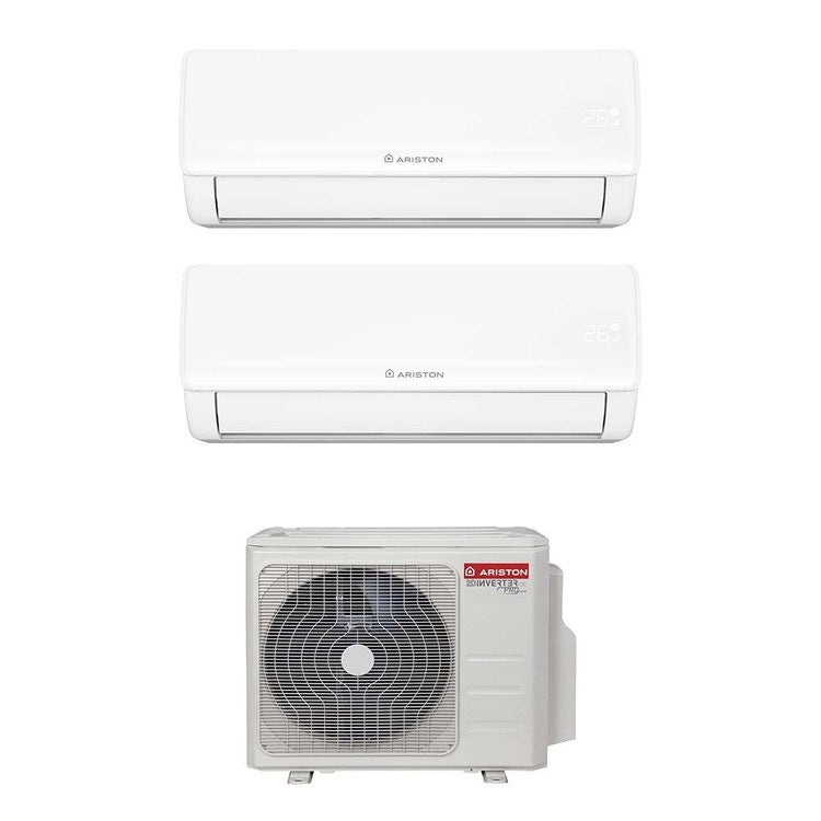 Ariston 2-fach-Split-Klimagerät NEVIS NET, Wandgerät, Inverter, WLAN, Weiß – Außengerät R32 5,3 kW, Innengeräte 12000+18000 BTU 3381524+4213038+4213039