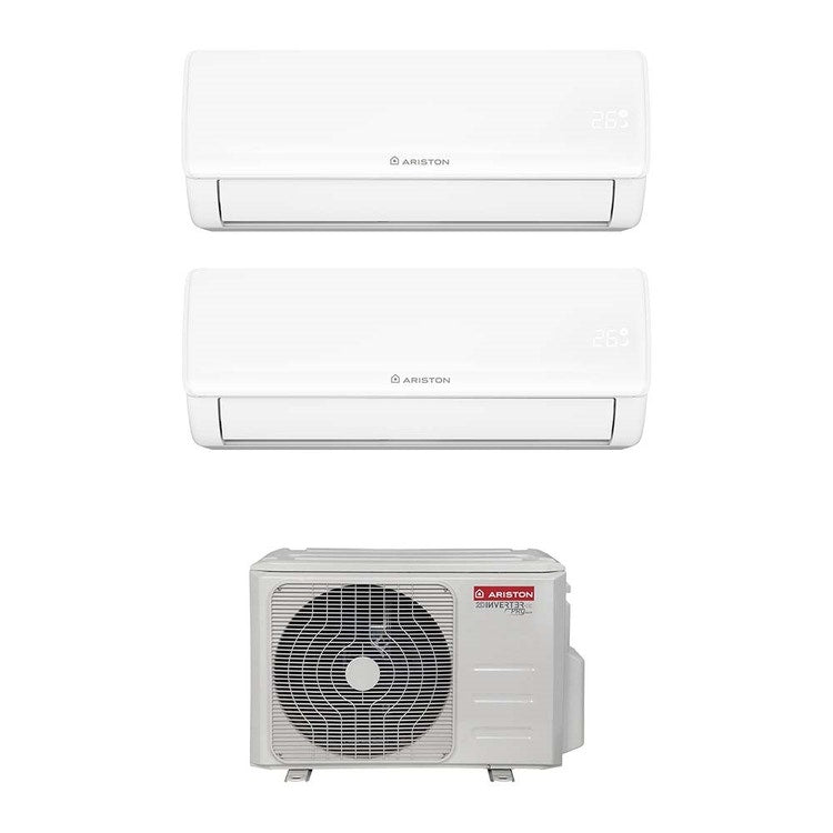 Ariston 2-fach-Split-Klimagerät NEVIS NET, Wandgerät, Inverter, WLAN, Weiß – Außengerät R32 8,1 kW, Innengeräte 12000+18000 BTU 4225015+4213038+4213039