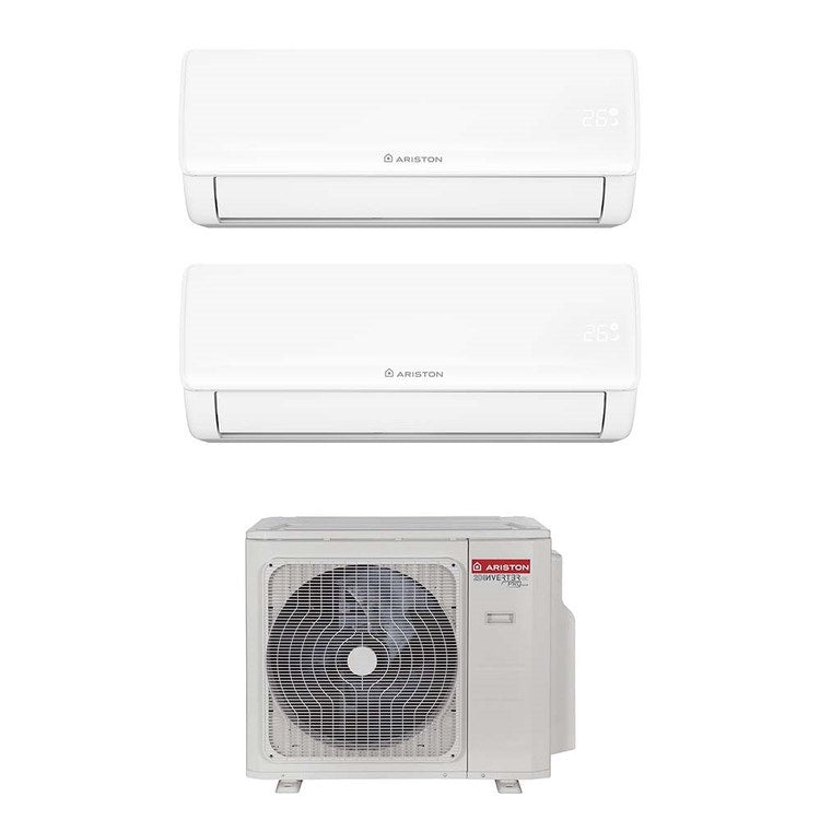 Ariston 2-fach-Split-Klimagerät NEVIS NET, Wandgerät, Inverter, WLAN, Weiß – Außengerät R32 10,7 kW, Innengeräte 9000+18000 BTU 3381262+4213037+4213039
