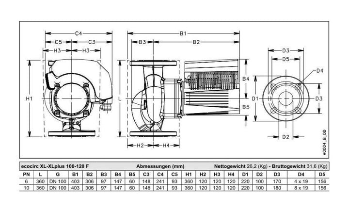 Lowara Hocheffizienzpumpe H-Pumpe ecocirc XLplus 100-120 F L:360 FL DN100 PN6 max. H:12m 57-1510W