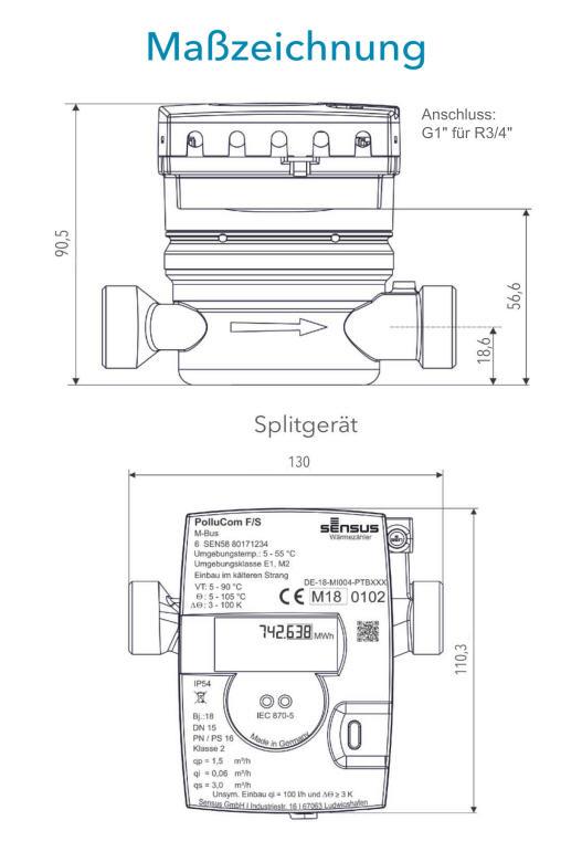 Sensus Kompaktkältezähler KMZ PolluCom F/S Qp 2,5 B DN20 L:130 AG1" PN16 45/5,2
