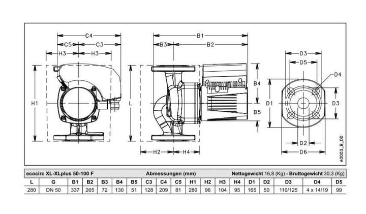 Lowara Hocheffizienzpumpe H-Pumpe ecocirc XL 50-100 F L:280 FL DN50 PN6/10 max. H:10m 16-493W