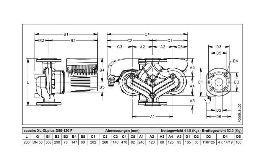 Lowara Hocheffizienzpumpe H-Pumpe ecocirc XLplus D 50-120 F L:280 FL DN50 PN6/10 max. H:12m 55-897W