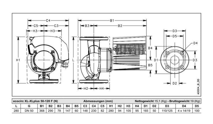 Lowara Hocheffizienzpumpe H-Pumpe ecocirc XL 50-120 F L:280 FL DN50 PN6/10 max. H:12m 53-892W