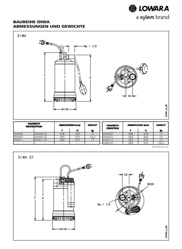 Lowara Schmutzwasserpumpe DIWA 11/B max. H:11,9m Q:22,5m3h max.Eintaucht.7m