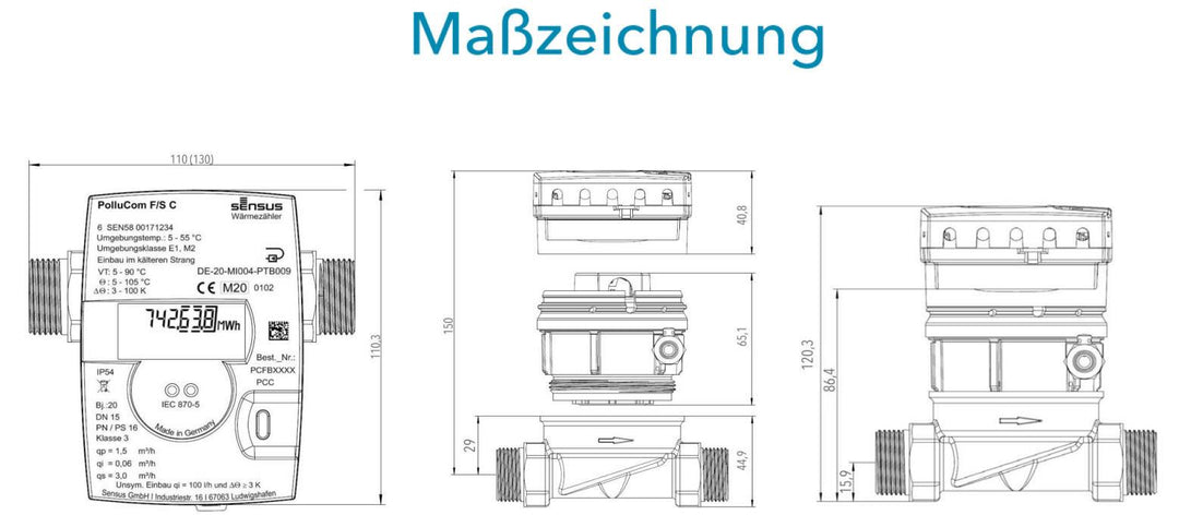 Sensus Kompaktkältezähler KMZ MK PolluCom F/S C Qp 1,5 B DN15 AG M60x2 PN16 45/5,2