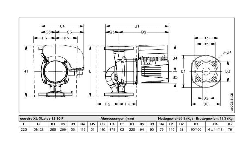 Lowara Hocheffizienzpumpe H-Pumpe ecocirc XL 32-80 F L:220 FL DN32 PN6/10 max. H:8m 19-196W