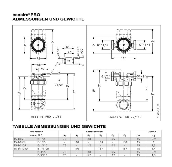 Lowara Z-Pumpe ecocirc PRO 15-1/65B L:65 RP 1/2" PN10 3-8W WD-Schale